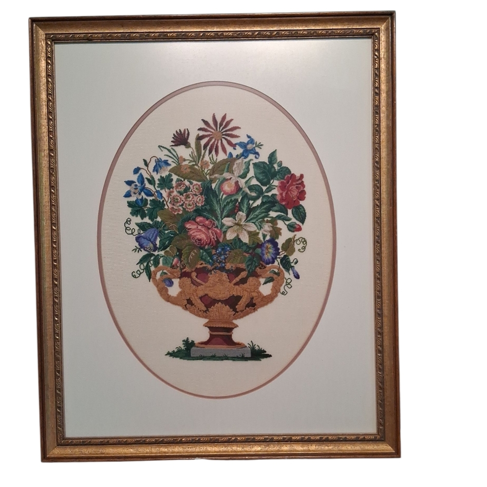 Large Petit Point Flower Bouquet In Urn  Double Matted, Framed Under Glass 3615